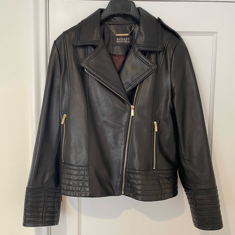 Badgley Mischka Black Leather Moto Jacket with Gold Accents